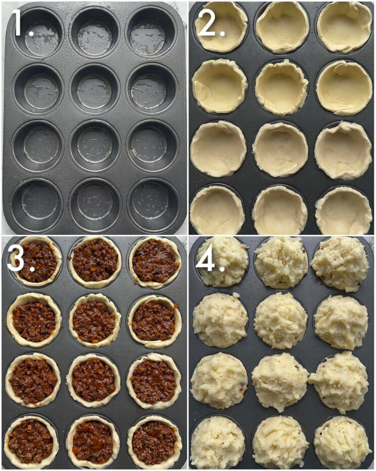 4 step by step photos showing how to make mini cottage pies