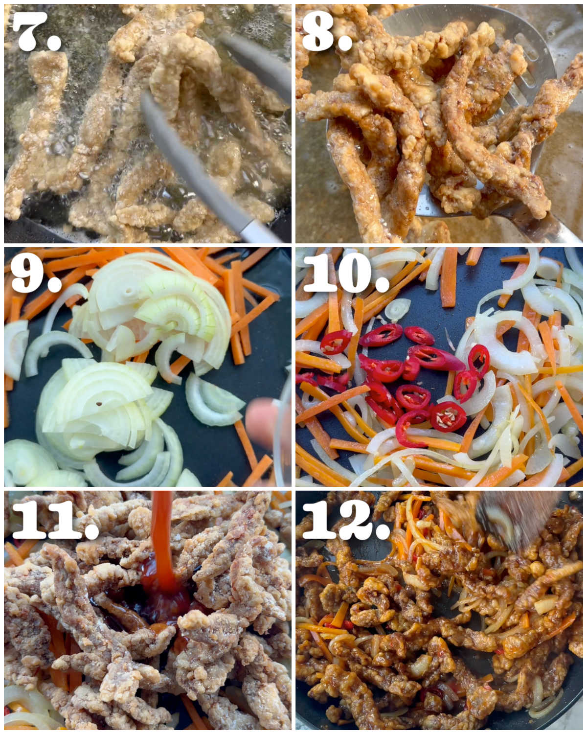 6 step by step photos showing how to make crispy chilli beef