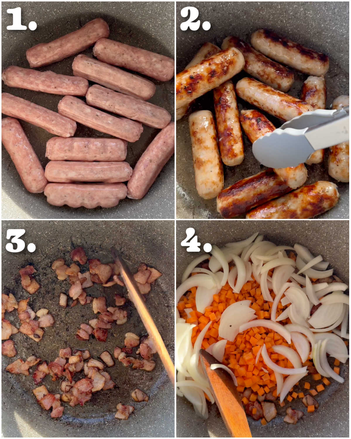 4 step by step photos showing how to make sausage casserole