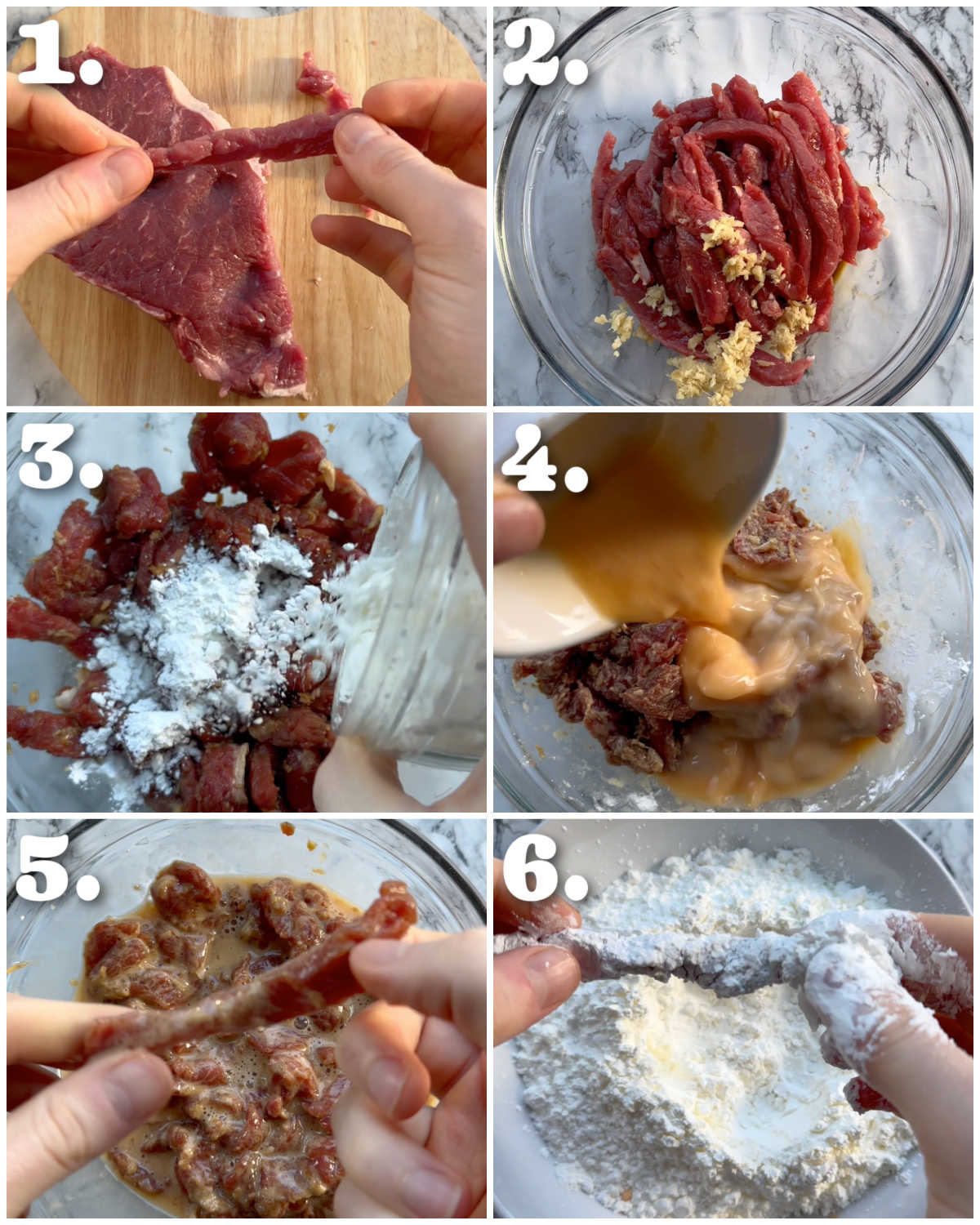 6 step by step photos showing how to prepare crispy chilli beef